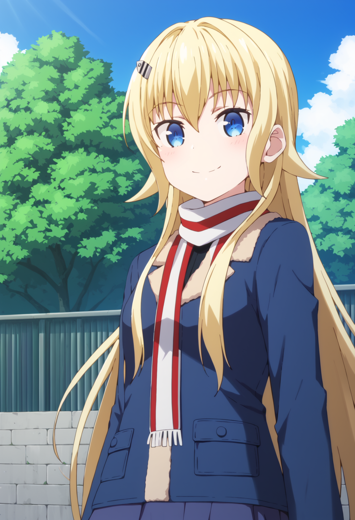 score_9, score_8_up, score_7_up, source_anime, rating:explict, uncensored, 1girl, 
BREAK,
 <lora:claudia_bruford_ponyXL_v1:1> claudia bruford, blue eyes, blonde hair, long hair, hair ornament, scarf, hairclip, jacket, skirt, looking at viewer, smile, outdoors, sky,
