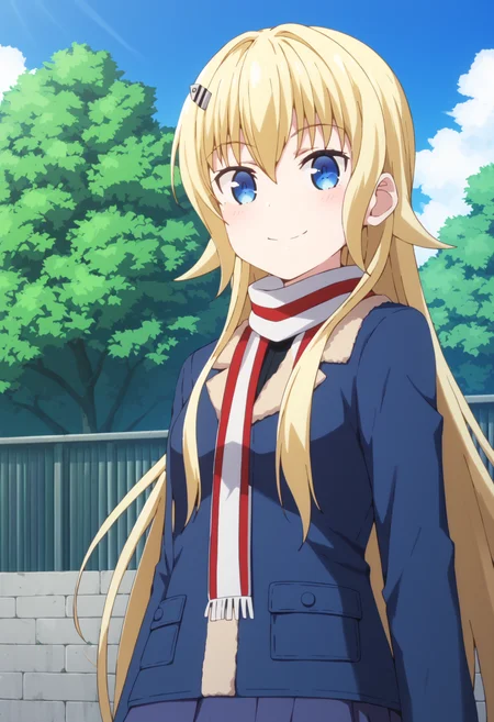 score_9, score_8_up, score_7_up, source_anime, rating:explict, uncensored, 1girl,
BREAK,
<lora:claudia_bruford_ponyXL_v1:1> claudia bruford, blue eyes, blonde hair, long hair, hair ornament, scarf, hairclip, jacket, skirt, looking at viewer, smile, outdoors, sky,