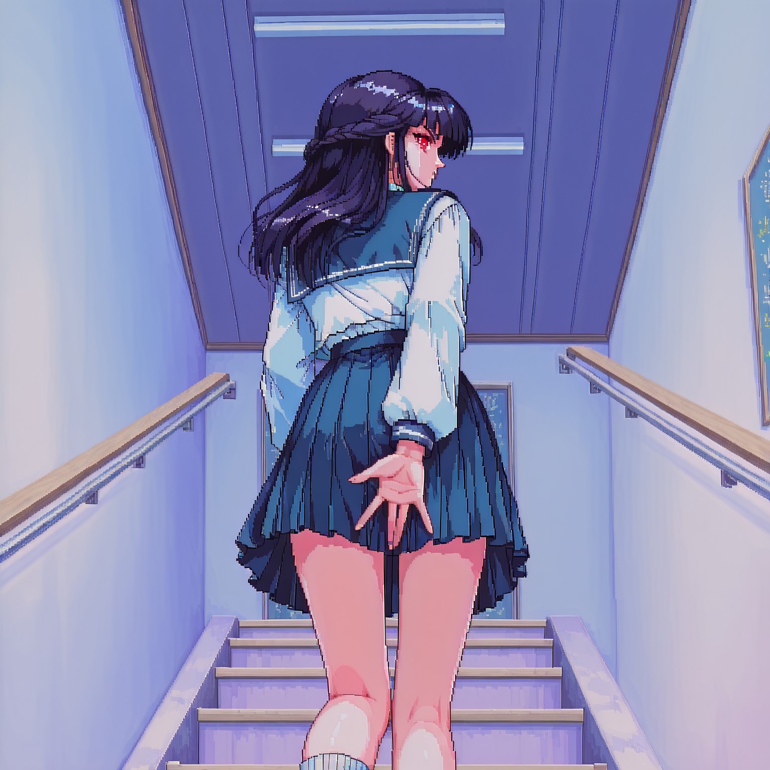 Lazypos, 1girl, solo, pov, dpa,pixel art, SaekoTKIL, school_uniform, retro_artstyle, red eyes, climbing staircase, low angle view, covering crotch, view from behind, looking over shoulder,