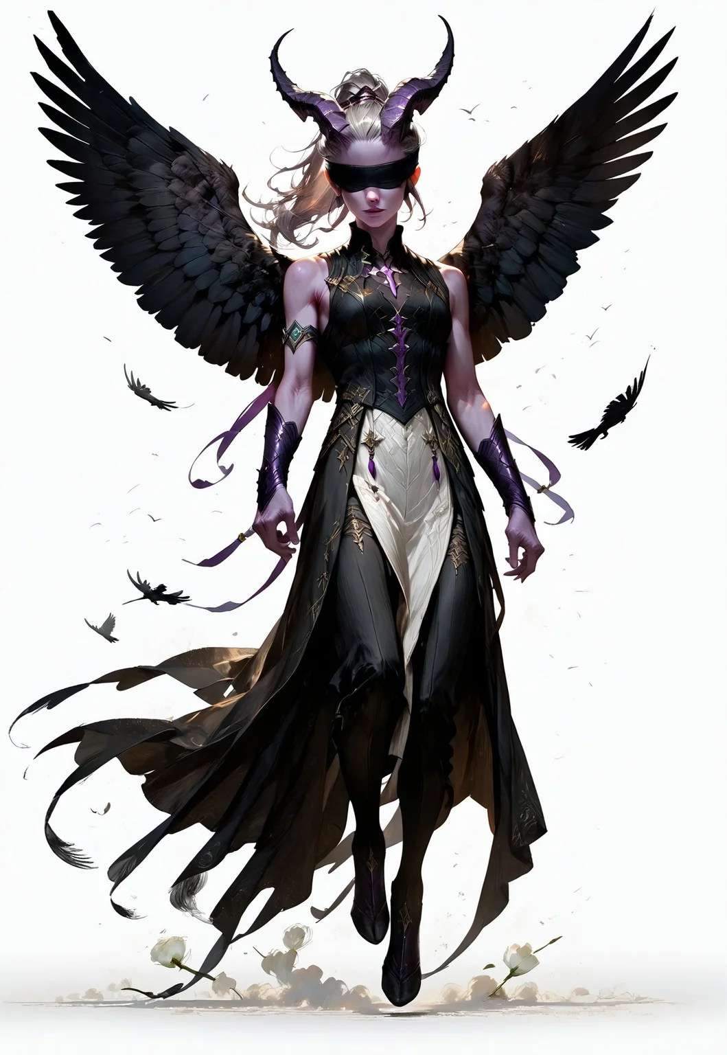 (absurdres, best quality, masterpiece:1.4),
score_9, score_8_up, score_7_up, score_6_up,
detailed,
detailed body,
detailed face,
(((smooth skin, unbroken skin, detailed skin))),
fantasy,
alone,
female,
tiefling,
h0rns,
ram horns,
black horns,
tall,
((((purple skin)))),
((long grey hair, ponytail)),
(((wingsd, black wings))),
floating, flying, wings open,
(white robe, sleeveless,
blindfold, black cloth blindfold),
(((white background, plain background))),
full body,
front view,