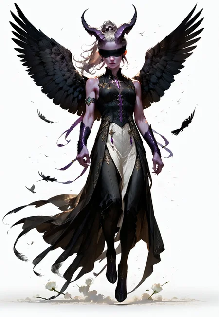 (absurdres, best quality, masterpiece:1.4),
score_9, score_8_up, score_7_up, score_6_up,
detailed,
detailed body,
detailed face,
(((smooth skin, unbroken skin, detailed skin))),
fantasy,
alone,
female,
tiefling,
h0rns,
ram horns,
black horns,
tall,
((((purple skin)))),
((long grey hair, ponytail)),
(((wingsd, black wings))),
floating, flying, wings open,
(white robe, sleeveless,
blindfold, black cloth blindfold),
(((white background, plain background))),
full body,
front view,