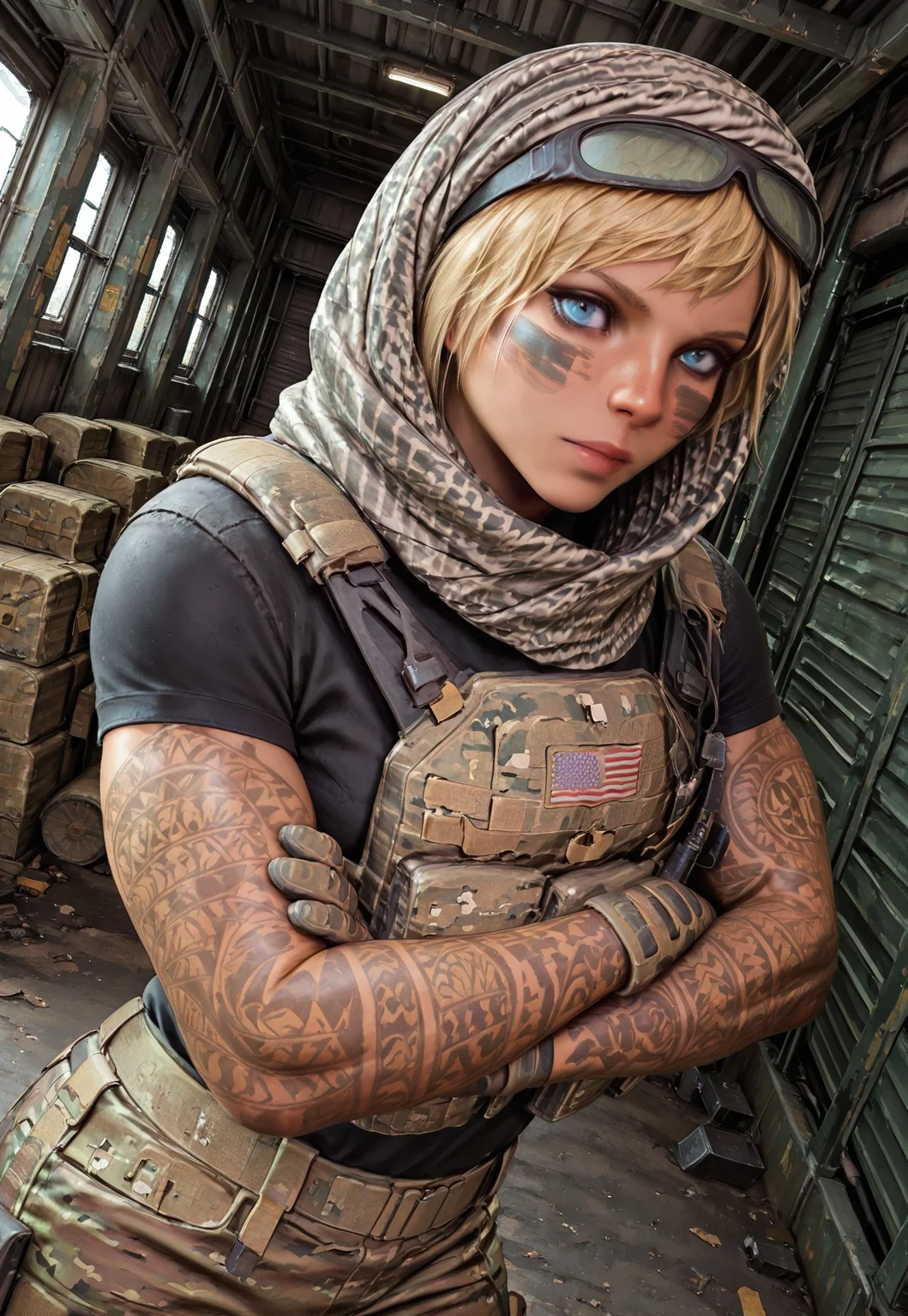 masterpiece, best quality, dynamic angle, 1girl, valkr6s, blue eyes, solo, headscarf, blonde hair, short hair, goggles, eyewear on head, arm tattoo, black shirt, bulletproof vest, camouflage pants, gloves, facepaint, arms crossed, looking at viewer, warehouse, detailed scenery