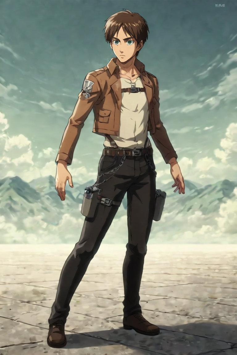 score_9, score_8_up, score_7_up, score_6_up, score_5_up, score_4_up, BREAK source_anime, 1boy, solo, male focus, full body, <lora:Eren_Yeager_PonyXL:0.82>, eren_yeager, brown hair, green eyes, , science fiction western, <lora:sdxl_lightning_8step_lora:1>