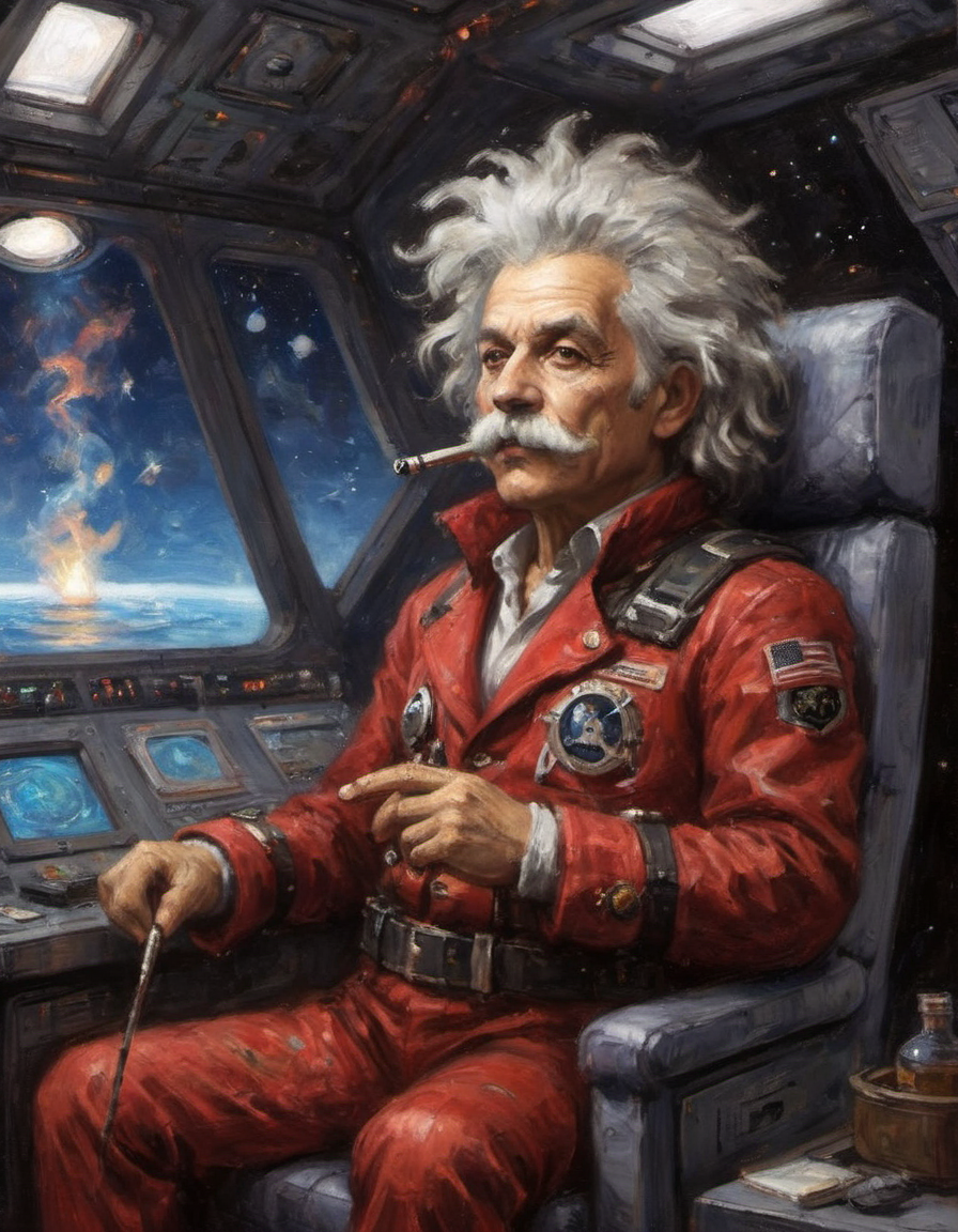 space pirate with a tie-dyed space suit and a red pirates jacket Einstein-like hair smoking a pipe in his captain's chair aboard a space frigate