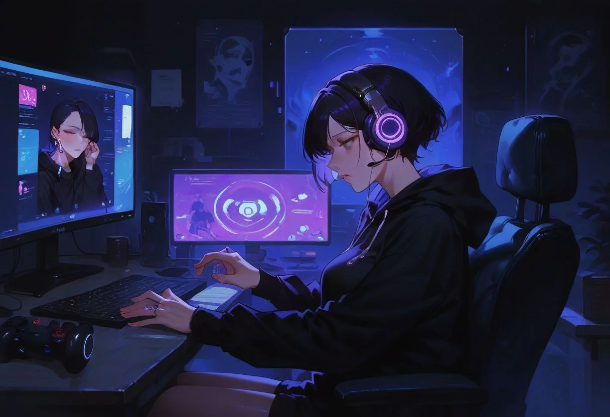 score_9, score_8_up, score_7_up],  Expressiveh, solo,
1girl, gaming pajamas, headphones, sitting, on chair, desk,  looking away, eye rings, too tired, eye bags,
girl's room, multiple monitor, monitor light,
(night), low light,  dark background,  glossy light, from side, g0thicPXL, glowing, neon,