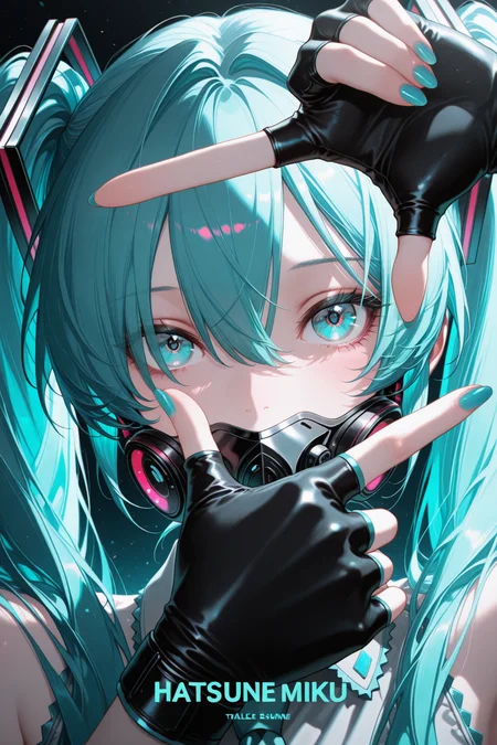 lazypos, artist:Konya Karasue,(artist:rella:0.8),(artist:konya karasue:0.8),(artist:misaka_12003-gou:0.6),(artist:quasarcake:0.6),masterpiece,amazing quality,
hatsune miku,1girl,solo,long hair,looking at viewer,blue eyes,gloves,twintails,blue hair,black gloves,fingerless gloves,nail polish,hair over one eye,english text,character name,aqua eyes,aqua hair,portrait,close-up,blue nails,one eye covered,covered mouth,chromatic aberration,symbol in eye,aqua nails,eye focus,finger frame,