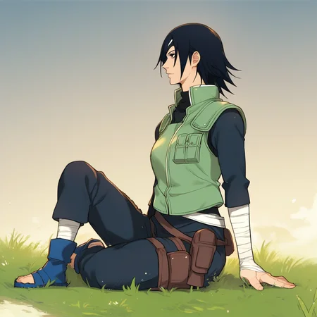 score_9, score_8_up, score_7_up, ASCII masterpiece, source_anime, BREAK, 1girl, solo, (( <lora:mikoto_uchiha :1> , mikoto_uchiha, thin waist, wide hips, beautiful skin, beautiful dark blue hair, clear eyes, piercing black eyes, bright pupils, beautiful eyes, huge and shaggy breast, beauty, extraordinary beautiful woman, attractive woman, super sexy woman, lustful body, sexy milf with seductive obscene body, sensual body, voluptuous body)) , green jonin vest, turtle neck, dark blue pants, holster, bandage on thigh, bandaged shins, blue sandals, sitting, grass, nature, blue sky,