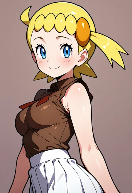 masterpiece, best quality, solo, curvy, beautiful eyes, narrow waist, 1girl, solo, smile, looking at viewer,  medium breasts, (curvy), zzBonnie, bonnie_(pokemon), blue eyes, ahoge, blonde hair, hair ornament, short hair, side ponytail, brown shirt, white skirt,  ,<lora:BonniePokemonIXL:1.0>, upper body, side view, smile, looking at viewer, shiny skin,