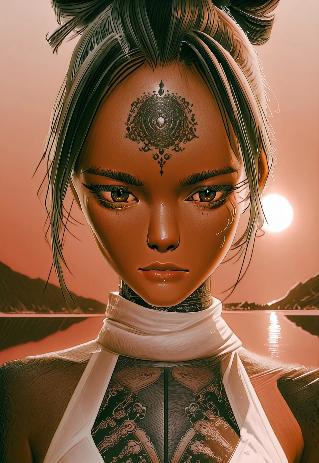 Anime 3D cyber warrior japan girl, FSpecial Ink-drawing mode, intricate linework with expressive contrasts, Mh1$AgThS2, Inkplash art on rice paper, sepia, henna , Silhouette Art, magnificent, inksplash closeup portrait of Chinese woman punting, sunset, calm lake, redlection
