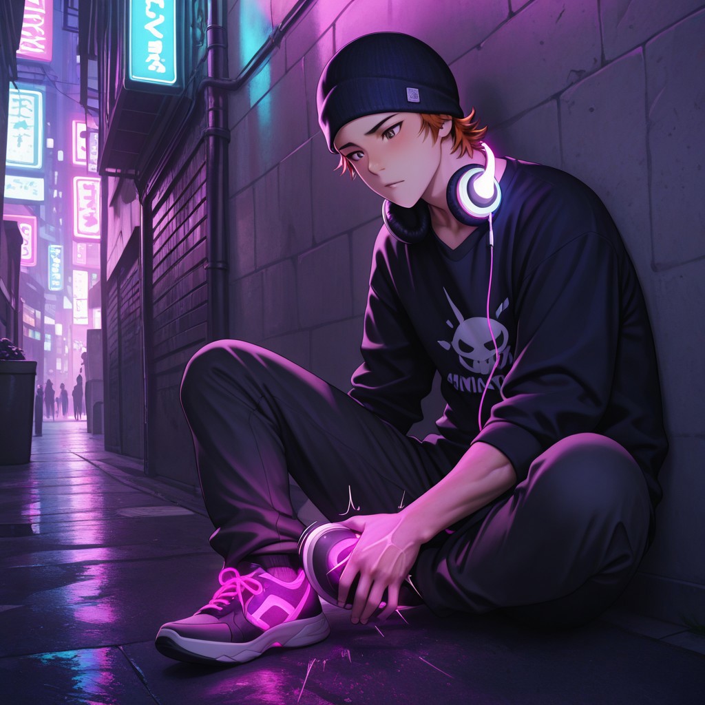 masterpiece, best quality, amazing quality, absurdres, newest, detailed background, definition so sharp, Ultra-HD, 8K cinematic, very awa, impressionate, amazing quality, highres, 
solo, male focus, manly, 
1boy, short hair, beanie, headphone, misaki_orange hair, misaki_brown eyes, misakiyata, casual streetwear, graphic t-shirt, city alley, vibrant lighting, neon glow, upbeat, cool, rhythmic, youthful spirit, leaning against wall, tapping foot, listening to music,