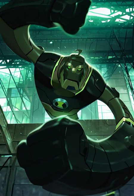 masterpiece, best quality, amazing quality, very aesthetic, absurdres, newest,, detailed background,
movie scene, cinematic scene, cinematic,
bloxx, robot, mecha, solo, armor, green eyes,, massive arms, upper body, , big head, massive head
strechy_powers, incoming punch, dynamic pose,