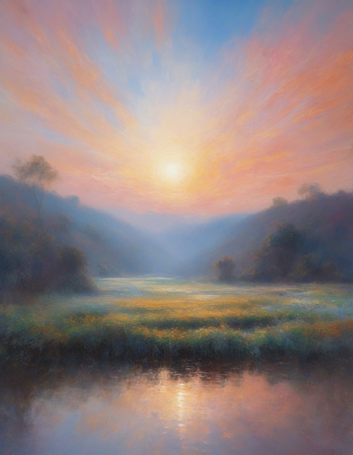 Claude Monet: (impressionist blur), (water reflections), (pastel hues), (organic brushwork),
floating monastery ruins suspended by anti-gravity fields,
Indonesian rice terraces at dawn, 
Dust devil dancing across playa,
Cirrostratus creating sun halo,
Civil twilight with urban lights,
Fall foliage color explosions,
 <lora:add-detail-xl:0.7>,
 <lora:DetailMaximizer:0.3>,
 <lora:brho:0.15> brho, 
<lora:Deep_depth_of_field:0.3>,
 <lora:extremely_detailed:0.8> extremely detailed,