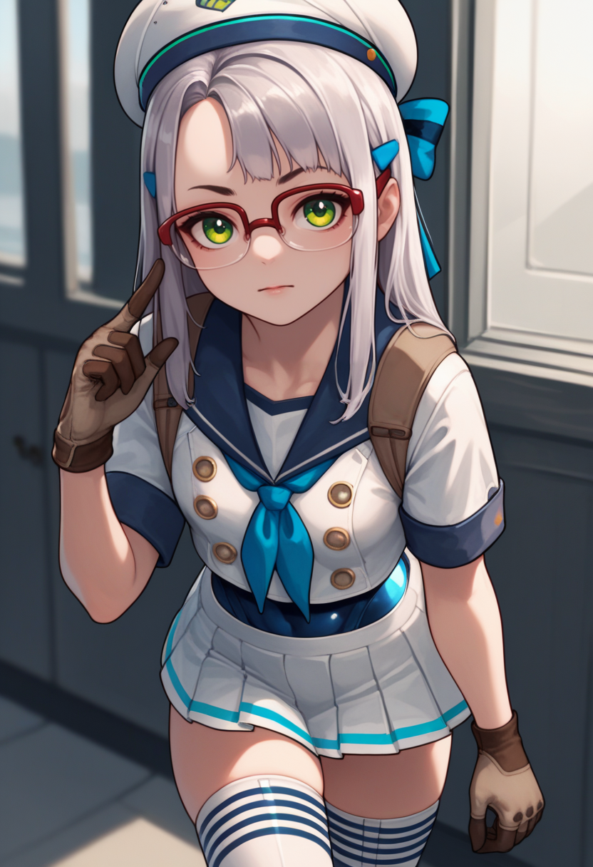 score_9, score_8_up, score_7_up, source_anime BREAK 1girl, solo, <lora:neon-nikke-richy-v1_pdxl:0.9> neondef, green eyes, grey hair, bangs, long hair, glasses, hair bow, hairclip, beret, blue sailor collar, blue neckerchief, white shirt, swimsuit under clothes, pleated skirt, gloves, thighhighs