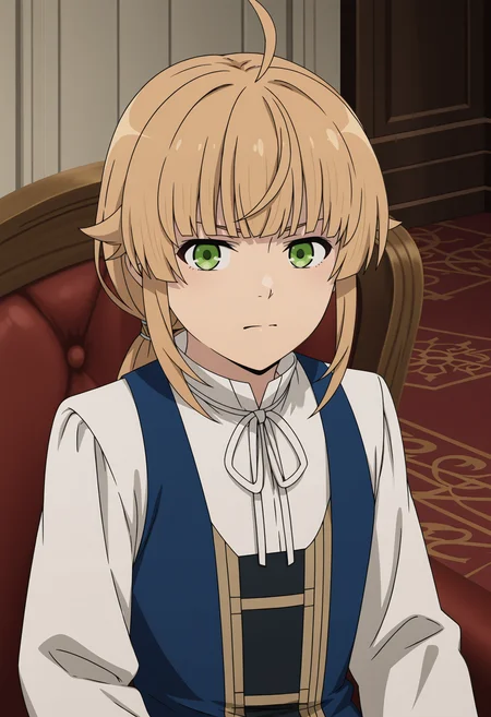 <lora:Norn Greyrat_illustrious-000054:1>,
Norn Greyrat,solo,looking at viewer,shirt,closed mouth,long sleeves,upper body,indoors,white shirt,sitting,ribbon,chair,vest,blue vest,anime screencap