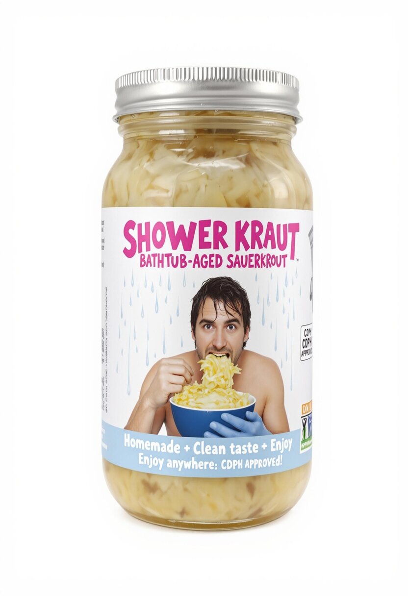 A jar of sauerkraut with a comical and absurd label design. The label reads 'SHOWER KRAUT' in bold pink letters, with a tagline below saying 'Bathtub-aged sauerkraut.' The design includes an image of a man with wet hair, seemingly in a shower, eating sauerkraut from a blue bowl. The background shows a showerhead and water droplets for added humor. Additional text at the bottom of the label says 'Homemade • Clean taste • Enjoy anywhere,' with a fake certification stamp labeled 'CDPH APPROVED.' The overall color scheme is playful and emphasizes the absurdity of the product concept