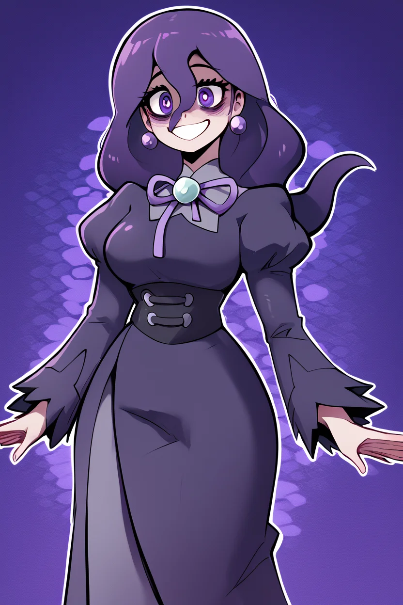 score_9, score_8_up, score_8, medium breasts, (curvy), cute, eyelashes, ,,, zzHexyZA, purple eyes, bags under eyes, hair between eyes, long hair, purple hair, long sleeves, bow, jewelry, black dress, purple dress, black pantyhose, juliet sleeves, purple bow, purple bowtie, ,<lora:HexManiacPokemonZA_PDXL:1.0>, ,,, BREAK, smile, looking at viewer, cowboy shot, ,,, embedding:zPDXL, <lora:theButcherXPDXL:0.8>,