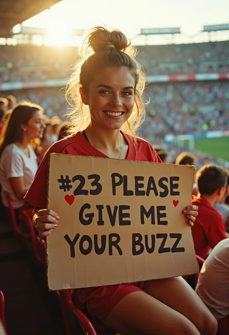 A candid, high-energy photo of a busty female sports fan sitting in the front row of a stadium tribune. She wears a tight sports jersey and holds a handmade cardboard sign that reads: '#23 PLEASE GIVE ME YOUR BUZZ' in bold, slightly smudged handwriting with some drawn hearts. The photo is styled like the work of renowned sports photographer Neil Leifer, with a focus on capturing raw emotion and movement. The image features natural analog aesthetics, reminiscent of 1970s sports photography, shot on a vintage 35mm film camera like the Nikon F2, using Kodak Ektachrome film for its vibrant colors and subtle grain. The lighting is dynamic, with golden-hour sunlight casting warm highlights on her face and hair, while soft shadows add depth. Lens flares from the stadium lights enhance the atmosphere, and the blurred background of cheering fans emphasizes the subject's position in the action. The photo captures the excitement and energy of the moment, evoking a sense of nostalgia and authenticity."