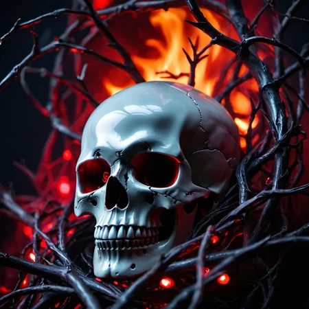 (fullbody:1.3))((Masterpiece, best quality, horror, dark theme)) (, A SKULL with red lights instead of eyes EMBEDDED WITH THICKLY INTERTWINED Iridescent ABYSS ,a black image featuring a skull surrounded by red and black fire, in the style of twisted branches, hd, art, dark red and light red, metal, high definition, carving,,.<lora:EnvyBetterHiresFixXL01:0:hr=1>.)) 16k UHD,Award Winning Photography,Ultra High Resolution, Canon EOS 6D, 135.0mm, f/2.0s, 1/125s, ISO 100 <lora:great_lighting:1.2> <lora:more_details:1.2>,>in the style of couture boudoir blog