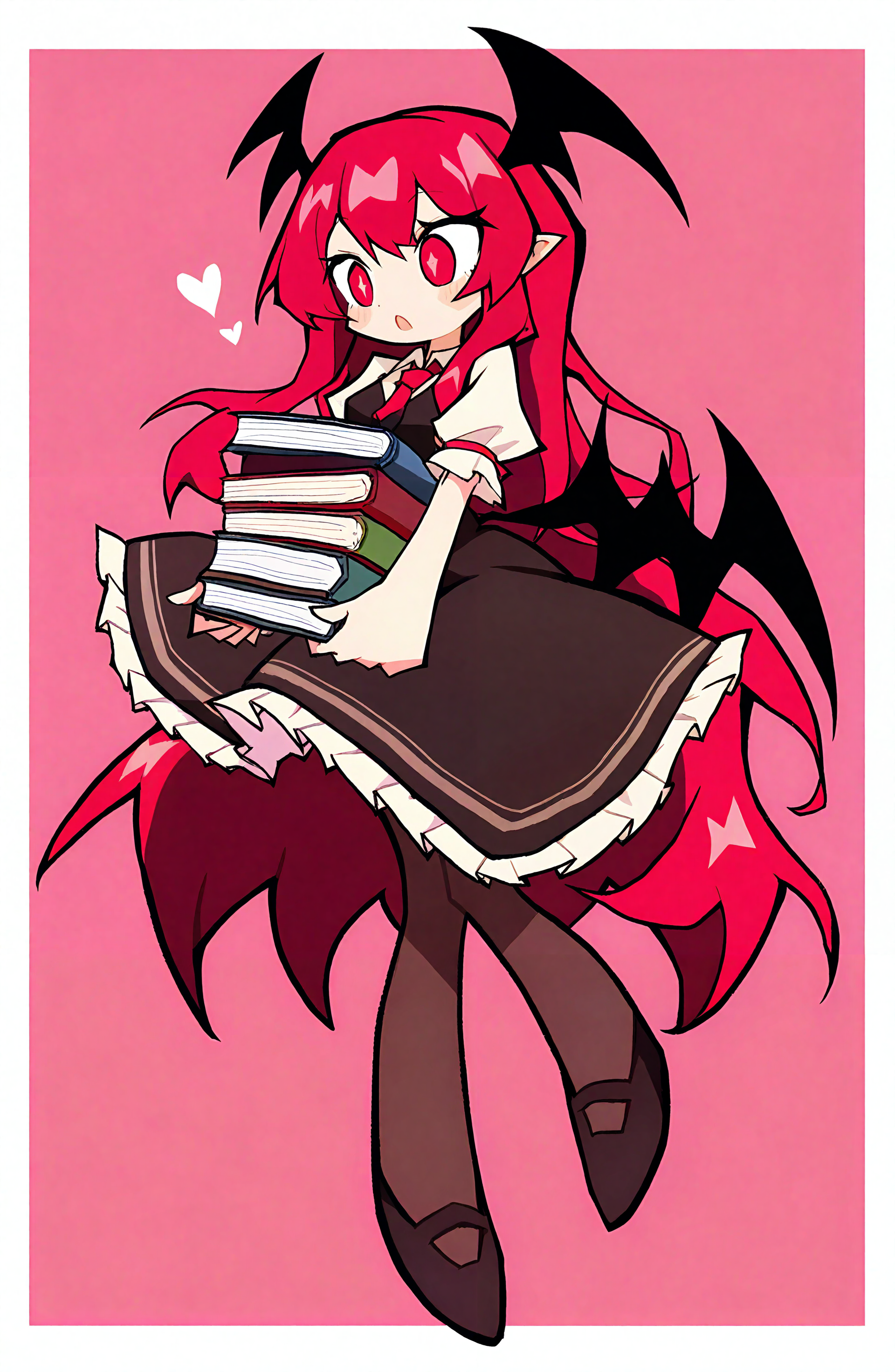 koakuma, 1girl, solo, long_hair, blush, open_mouth, simple_background, shirt, skirt, red_eyes, dress, holding, very_long_hair, white_shirt, full_body, short_sleeves, heart, pantyhose, red_hair, wings, necktie, pointy_ears, puffy_sleeves, black_footwear, vest, :o, puffy_short_sleeves, book, border, pink_background, red_necktie, bat_wings, head_wings, holding_book, black_vest, book_stack
