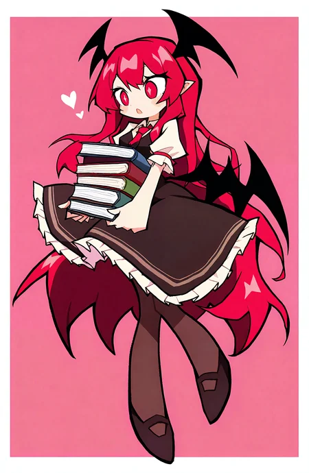 koakuma, 1girl, solo, long_hair, blush, open_mouth, simple_background, shirt, skirt, red_eyes, dress, holding, very_long_hair, white_shirt, full_body, short_sleeves, heart, pantyhose, red_hair, wings, necktie, pointy_ears, puffy_sleeves, black_footwear, vest, :o, puffy_short_sleeves, book, border, pink_background, red_necktie, bat_wings, head_wings, holding_book, black_vest, book_stack