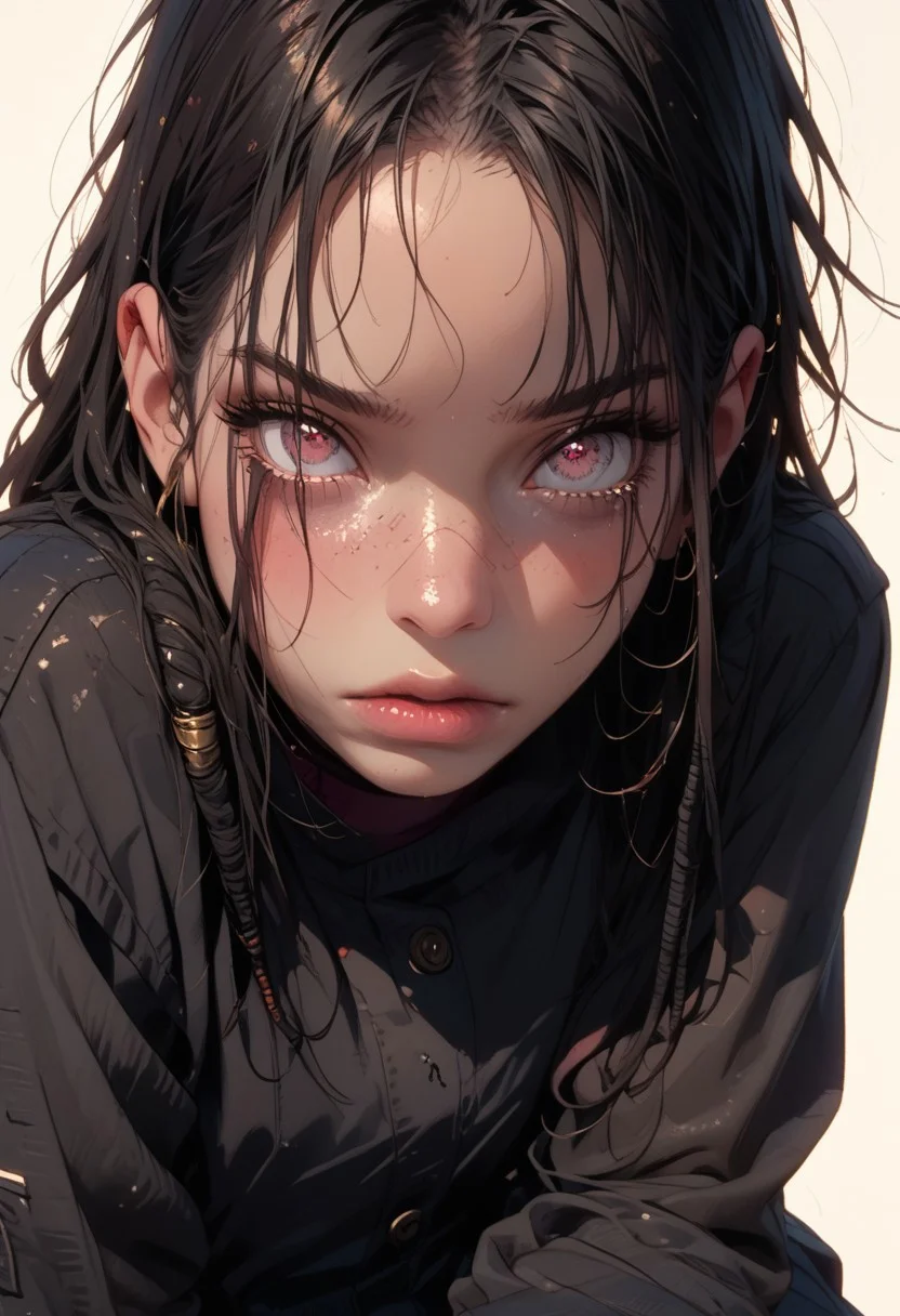 score_9, score_8_up, score_7_up, score_6_up, score_5_up, score_4_up,
best quality, highly detailed, intricate details, extremely detailed, smooth lines,
...
1woman, (messy red dreadlocks),18 years old, heavy back eyeliner, dirty leather jacket, freckles,
kneeling, thick lips, tears in eyes, shy.
...
Desert wasteland, dusty,sinozick style, flat color, dark theme, bukkake, 2 black demon cocks
