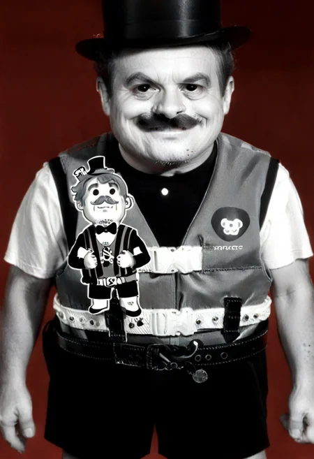 ((((((black and white,black shirt, belt, stubble, red theme, shorts, greyscale, 1boy, life vest)))))),((small man with mustache, top hat, kenbis, chibi, chibi, male only, male, male chibi, monocle, art deco, thick mustache, comically large mustache, handlebar mustache, tiny, multiple men, shrunk, microxl, some little guys, high angle, from above)), bwMovies, realistic, photo, vintage photo, ((very small man, small man, a small man, a man who is small, a small man)), an unapologetically small human male, black and white, smiling, very happy, euphoric, ecstatic, wonderful small men, large smile, huge smile