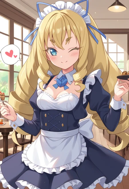 score_9, score_8_up, score_7_up, score_6_up, score_5_up, BREAK
jplaura, blonde hair, long hair, blue eyes, hair ribbon, drill hair, closed mouth, thick eyebrows, smile, blush, maid outfit, maid headdress, tray, cafe, one eye closed, spoken heart,