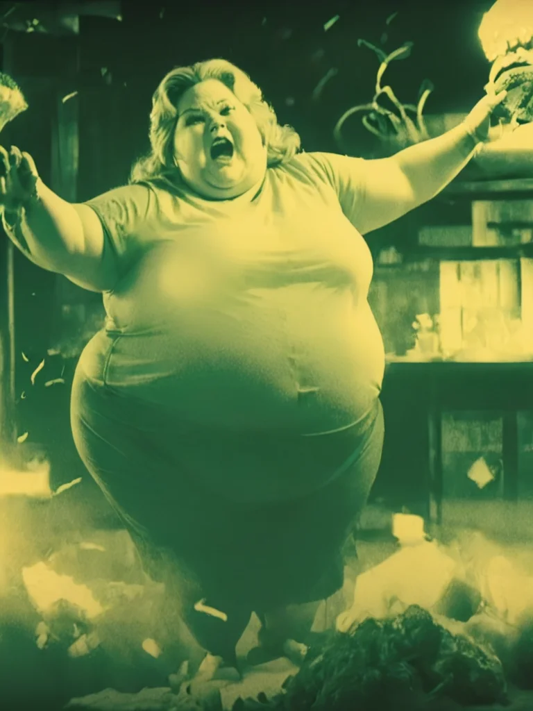 style sqrhmmr, a movie poster of your overweight mom glowing yellow in green tint while her (gravitational pull:1.2) is destroying a burger joint, epic destruction, planetary misalignment, <lora:- SDXL - sqrhmmr _Square-Hammer_Style_V1.0:1>