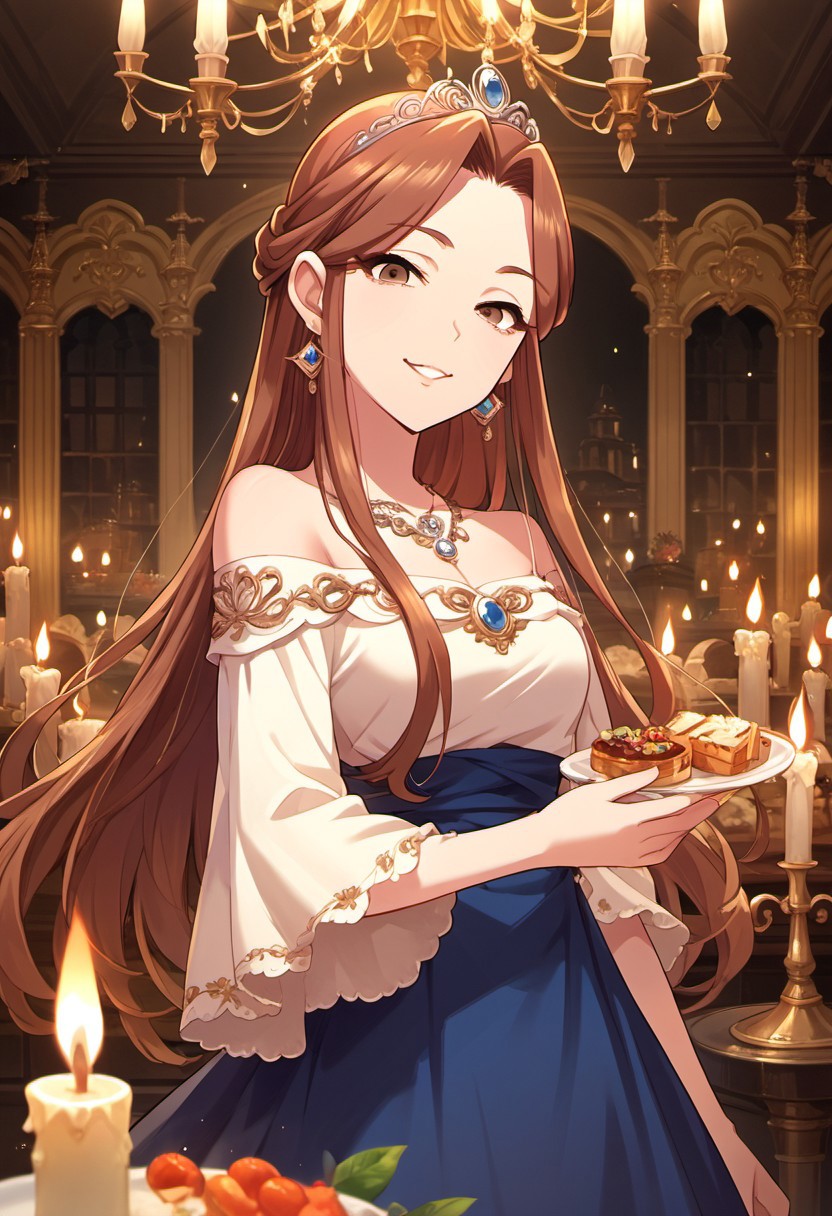score_9, score_8_up, score_7_up, source_anime, zaizen tokiko, long hair, brown hair, brown eyes, 1girl, dress, jewelry, earrings, solo, necklace, off-shoulder dress, food, looking at viewer, candle, smile, tiara