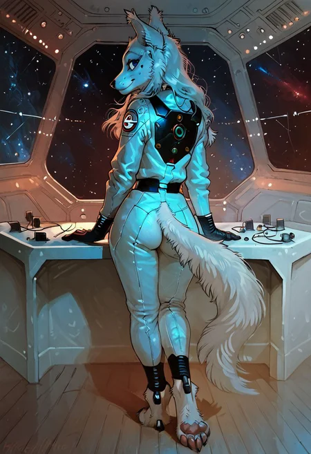 score_9, score_8_up, score_7_up, score_6_up, anthro,1dk,twink,skinny, fay, furry,white fur,solo,in spaceship,long hair,space suit,smiling,detailed face,full body,standing at battle station,looking back at viewer, ,wide hips ,ass focus,standing over table,hands on table,buttons,lights,switches,facing away from viewer,