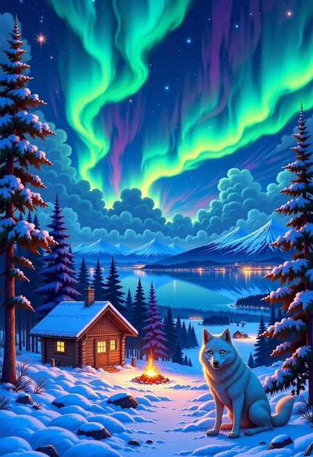 high quality, high definition, high resolution, 4k, shaders, better lighting, better quality, GHIBSKY style, GHIBSKY style painting, the central focus would be a giant white wolf with fluorescent blue eyes looking towards the viewer, in a snow-covered field with a large lake behind it, the sky would have a large aurora borealis that would be reflected in the lake, at the edge of the lake there would be a wooden cabin with warm lighting and a chimney from which smoke comes out, in the lake there would be a small fishing pier, in the background there would be a large volcano that would emit orange light from its crater, the sky would be dark