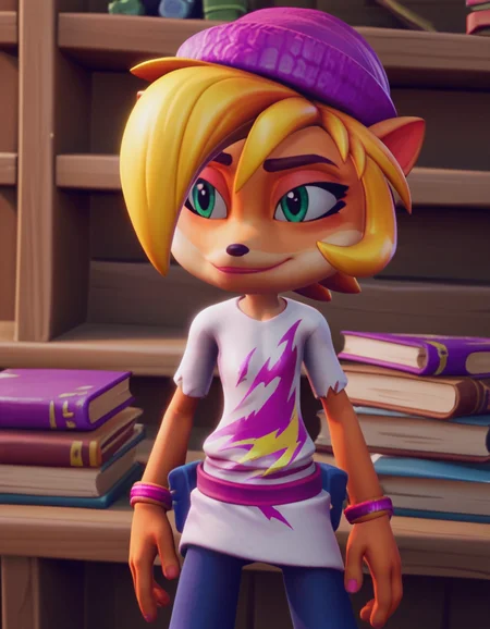 score_9, score_8_up, score_7_up, source_anime, <lora:coco-bandicoot-totally-tubular-ingame4-ponyxl-lora-nochekaiser:1>, coco bandicoot, short hair, blonde hair, green eyes, pointy ears, furry, 3d, shirt, hat, torn clothes, striped shirt, pants, bookstore, browsing shelves, new book smell, finding a favorite, quiet atmosphere, , , smug, hand on hips,, solo,, cowboy shot, dutch angle,