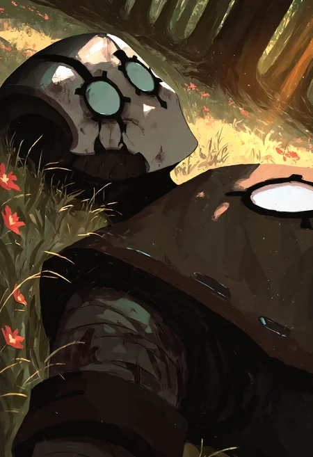 masterpiece, highres, absurdres, newest, very awa, detailed illustration, painting \(medium\), aoi ogata, nox_wakfu, negative space, face focus, 1boy, damaged mask, (bandages:1.1), no eyes, lying, on back, forest, vegetation, grass, flowers, sunlight, sunbeam, from above, dutch angle, depth of field, <lora:spo_sdxl_10ep_4k-data_lora_webui>, <lora:NOOB_EPSv1_1_detailer_by_vlnvk_v1_0>, <lora:noobai_ep11_stabilizer_v0.30_fp16>, <lora:96YOTTEA-WAI:0.8>, <lora:Nox_wakfu (illust_v1):0.8>