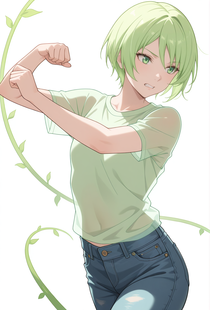 Smooth Quality,masterpiece,very intricate, high quality details, ultra realistic, high detailed skin,detailed enviorement,absurdres,
simple background, white background,solo,
dutch angle,clenched teeth,dancing, 
compression shirt,  ,see-through shirt,  ,rolled-up jeans,  , <lora:Trya_CNR:0.7> trya_cnr, 1girl,green hair, short hair, green eyes, androgynous, vines,