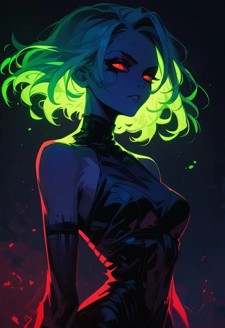 score_9, score_8_up, score_7_up, score_6_up, NLSTN, 1girl, red eyes, black background, 1girl, dark, black bodysuit, suggestive pose, dynamic pose, moonlight, perfect female waist, halftone lighting, makeup, eyeliner, eyeshadow, mascara, glowing, dark