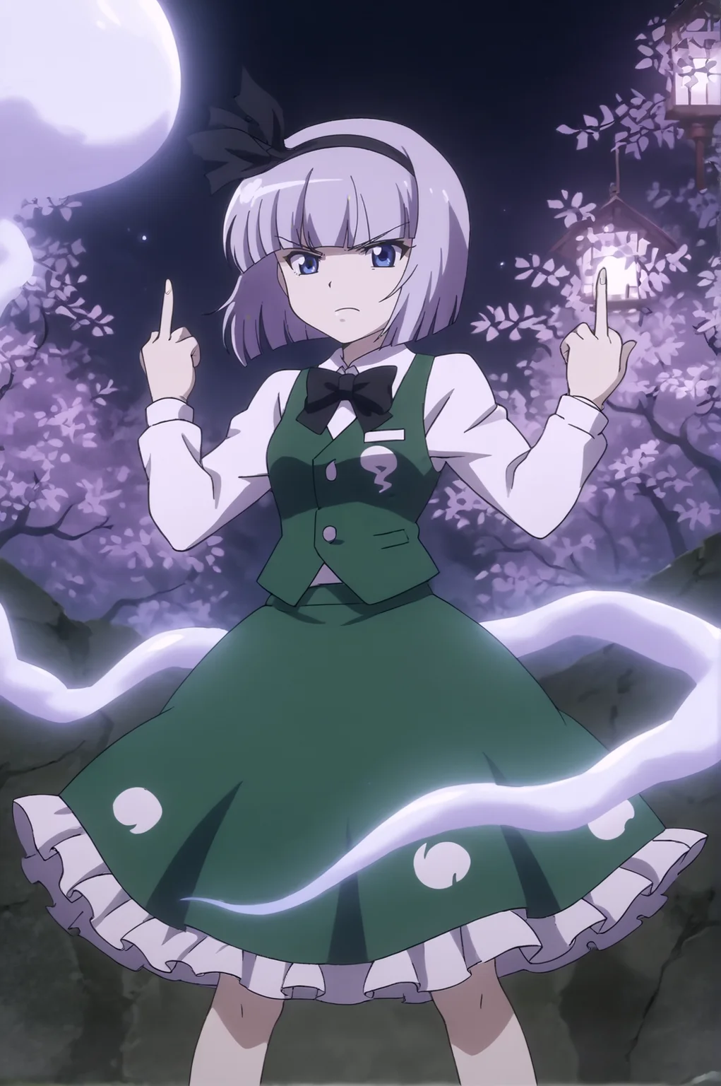 score_9, score_8_up, score_7_up,anime_source, source_anime, best background, detailed background, anime screencap, Youmu, bow, bowtie, ghost, green skirt, hitodama, ribbon, serious, shirt, skirt, solo, vest, tsundere, angry, fuck finger, middle finger, looking back, dynamic camera, outdoors, cherry blossom, soft particles, <lora:JN_Konpaku_Youmu:0.8>
