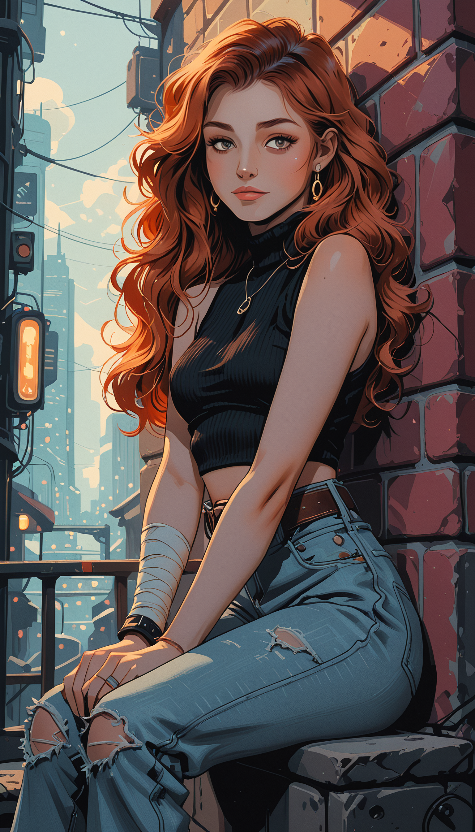 masterpiece, Shinkaistyle,
pinkretroanime, retro art,
Cyberpunk Style, cyberpunk, science fiction, hi tech, future tech, neon, (Cybernetics:1.25), (Neon Cityscape:1.4), (lineless:1.5), smooth edges, (lighten the face:1.5), tall body, slender body, fit body, long legs, This is a digital artwork featuring an illustrated character with red hair and fair skin. The character has freckles on their cheeks and shoulders, and their hair is styled in loose curls that fall around their face. They are wearing a black top with a round neckline, adorned with a collar that suggests it could be part of a costume or uniform. The sleeves are rolled up to the elbows, revealing tattoos on both arms. The character is seated against a brick wall, leaning slightly forward with one arm resting on their knee and the other hand holding onto a metal chain attached to a cuff around their wrist. The chain has a spiky design along its length. The character's expression is serious but contemplative. The background of the artwork is simple yet complementary. It consists of a muted gray tone with a soft gradient that suggests an overcast sky or indoor lighting with warm tones. A window is visible behind the character, allowing natural light to filter into the space. The overall color palette is rich and earthy, with reds being the dominant hue in the artwork, reflected in the character's hair and the brickwork of the wall. The character stands out against this backdrop due to their vibrant attire and distinctive features., 1girl, solo, long hair, breasts, looking at viewer, blush, smile, bangs, blue eyes, brown hair, shirt, bare shoulders, jewelry, medium breasts, sitting, very long hair, closed mouth, green eyes, red hair, earrings, small breasts, outdoors, sleeveless, midriff, belt, pants, orange hair, bracelet, from side, sweater, leotard, lips, looking to the side, grey eyes, torn clothes, bare arms, black shirt, eyelashes, sleeveless shirt, feet out of frame, turtleneck, highleg, wavy hair, bandages, expressionless, sunlight, ring, own hands together, tank top, light smile, denim, casual, messy hair, wristband, between legs, ribbed sweater, curly hair, v arms, hand between legs, jeans, pink lips, bandaged arm, nose, blue pants, against wall, midriff peek, wall, brick wall, torn pants, hands on lap, stone wall, torn jeans