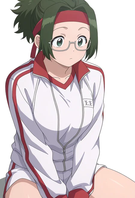Smooth Quality,masterpiece,very intricate, high quality details, ultra realistic, high detailed skin,detailed enviorement,
simple background, white background,
sitting,
<lora:Agari_Himiko_cnn:0.8> agarihimikocnn,1girl,green eyes, short hair,glasses, ponytail,green hair,
gym uniform, white shirt, gym shirt,white shorts, headband,white jacket,