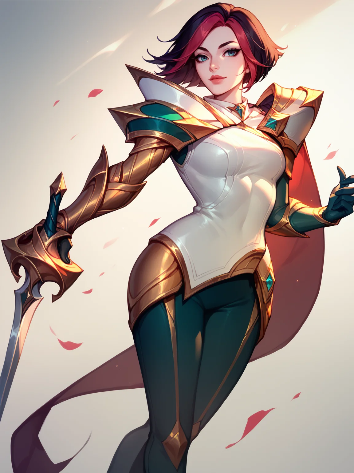 score_9, score_8_up, score_7_up, FioraNormal, 1girl, solo, black and red hair, white armor, golden shoulder pads, green pants, golden gloves, rapier, green boots, <lora:FioraNormal:1>