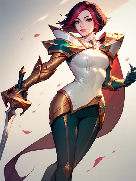 score_9, score_8_up, score_7_up, FioraNormal, 1girl, solo, black and red hair, white armor, golden shoulder pads, green pants, golden gloves, rapier, green boots, <lora:FioraNormal:1>