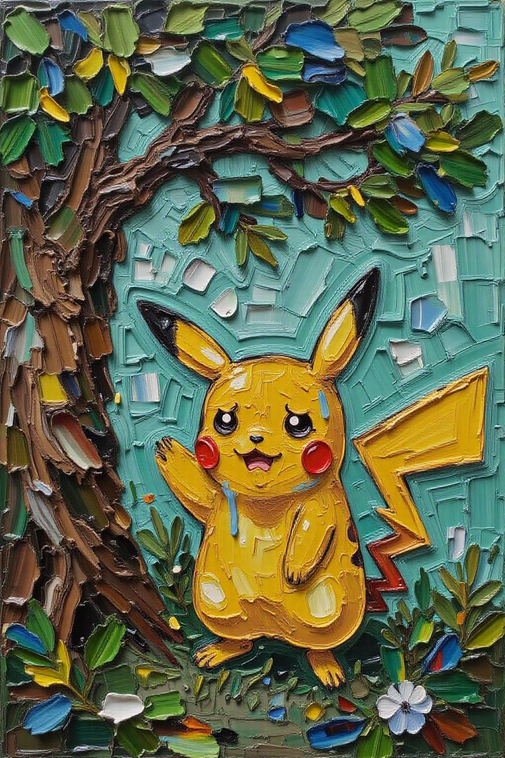 impasto oil painting. Pikachu crying, large tear drops on his face, under a green tree  <lora:impasto5_nocap_d6a3:1.0> <lora:Flux-Sch-SingleBlocks-BF16:1.0><lora:803884759878028778:0>