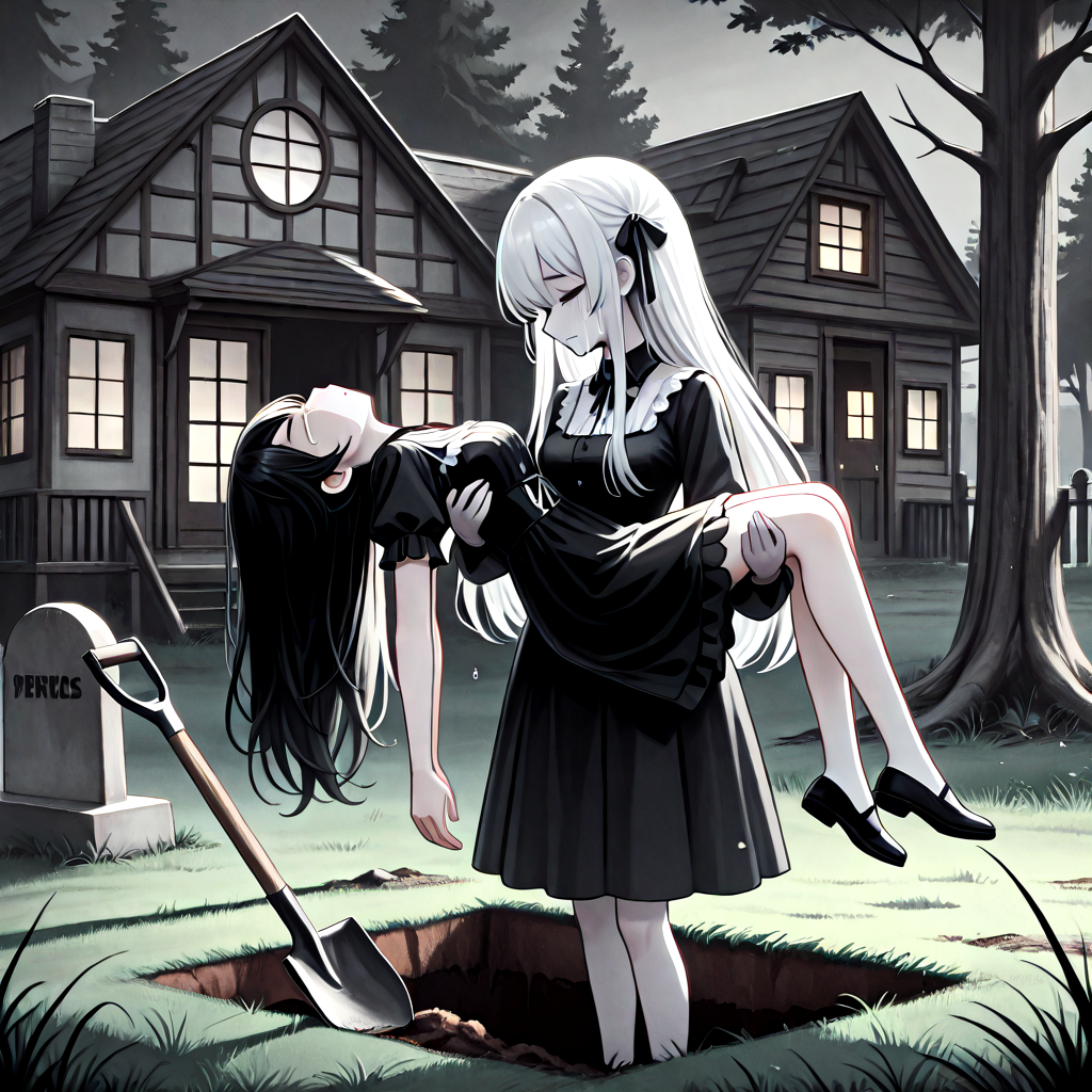 absurdres, explicit, grave digging, hand on ground, princess carry, 2girls, sleeping, carrying, crying, tears, sad, breasts, closed eyes, closed mouth, pale skin, long hair, black hair, white hair, gothic dress, bangs, tree, grass, death, corpse, victorian, house, building, oil lamp, lantern, shovel, fog, smog, grey sky, profile, from side, <lora:girlhategravedigging_ilxl:0.8>