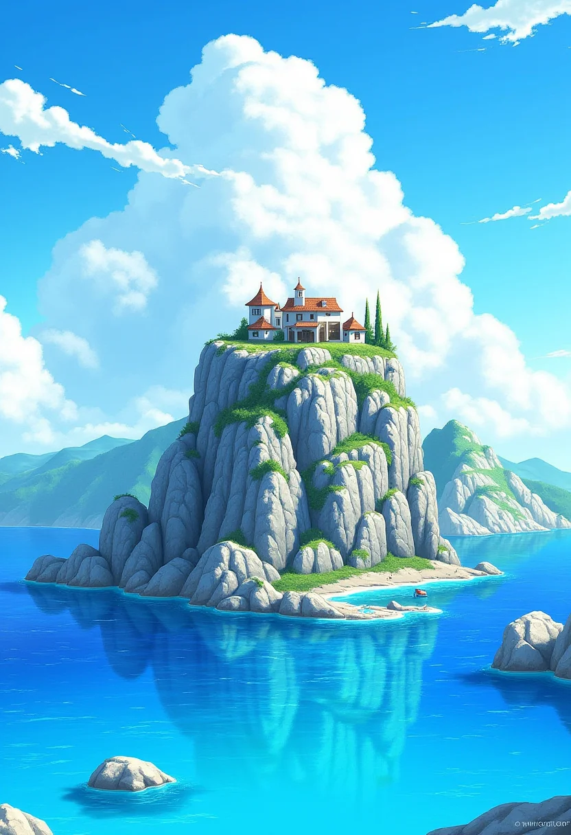 zakynthos style stone, blue water, clouds, small home, illustration, fantasy art, jrpg