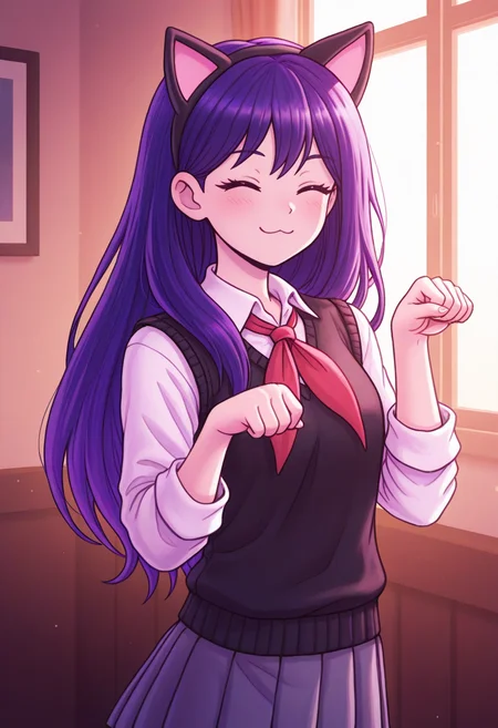 newest, masterpiece, best quality, 4k,
indoors, very aesthetic, detailed background, upper body,
1girl,solo, <lora:Mari - Omori:1> mar1, long hair, purple hair, closed eyes, white pupils,white collared shirt, black sweater vest, pleated skirt, red neckerchief,fake animal ears, cat ears, ;3, paw pose