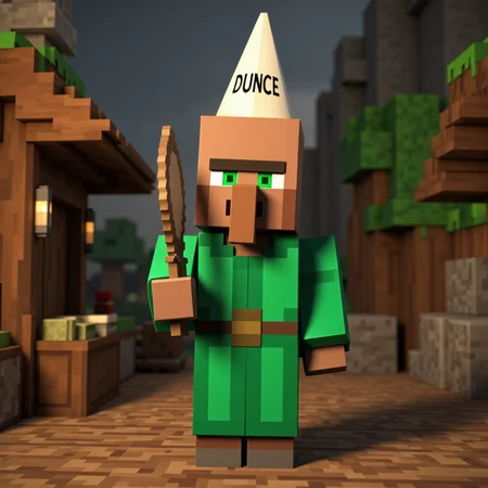 villager_mc, green robe. cone hat that reads dunce,
In the quiet corners of the Minecraft world, villagers live simple yet mysterious lives, their origins lost to ancient memory. Long before players ever arrived, these blocky folk built their scattered settlements from wood, stone, and faith in the old ways. Each villager, with their distinctive green eyes, broad noses, and solemn, blocky frames, carries on traditions passed down through countless seasons — farming, trading, and crafting the essentials of survival. They rarely speak, instead communicating through gestures and knowing looks, as if guarding ancient secrets about the world’s creation. Legends whisper that villagers were once great architects and scholars, who, after a forgotten cataclysm, chose a life of humble isolation. Their villages, cradled between mountains, forests, and plains, pulse quietly with life, protected by iron golems and bound by an unspoken pact with the land itself — to endure, to trade, and to remember.