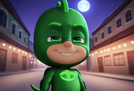 (score_9, score_8_up, score_7_up), highly detailed, cute boy, masterpiece, best quality, high quality, detailed, round face, round eyes, round pupils, shining eyes, petite, flat chested, aged down, cute, kawaii, short, 1boy, solo, Gekko Costume, Green Bodysuit, Green Eyes, Mask, Tail, at night, strong, full moon, dynamic pose,  side view, dutch angle, smug smile, narrowed eyes, low angle view, perfect detail, perfect eyes, perfect face, perfect mouth, night time, moonlighting, empty streets, outdoors, street, city background, textured costume, bold lines, volumetric lighting, moon in background, ((blurred detailed background)), natural lighting, (ray tracing, good shadows), young