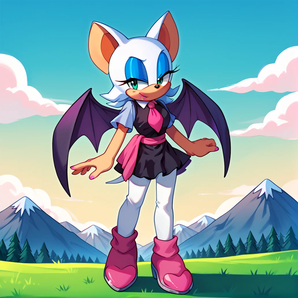 score_9, score_8_up, score_7_up, score_6_up, score_5_up, score_4_up, BREAK,   <lora:amyrosesonicxoutfit:1>, arsonicxoutift, black dress, short dress, white pantyhose, pink necktie, pink sash, short sleeves, outside, pink boots,     <lora:Rouge_the_bat:0.7>, 1girl, solo, animal ears, furry female, bat ears, rouge the bat, eyeshadow, blue eyeshadow, outdoors, clouds, mountains, grass,
