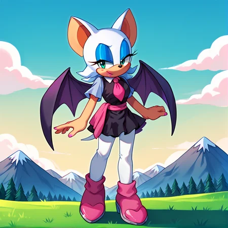 score_9, score_8_up, score_7_up, score_6_up, score_5_up, score_4_up, BREAK, <lora:amyrosesonicxoutfit:1>, arsonicxoutift, black dress, short dress, white pantyhose, pink necktie, pink sash, short sleeves, outside, pink boots, <lora:Rouge_the_bat:0.7>, 1girl, solo, animal ears, furry female, bat ears, rouge the bat, eyeshadow, blue eyeshadow, outdoors, clouds, mountains, grass,