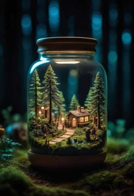 small wood forest world, inside a beautiful jar, illuminated miniature forest, depth of field, hyperdetailed photography, shot at night, 8K, award winning photo, amazing wallpaper, OverallDetailXL