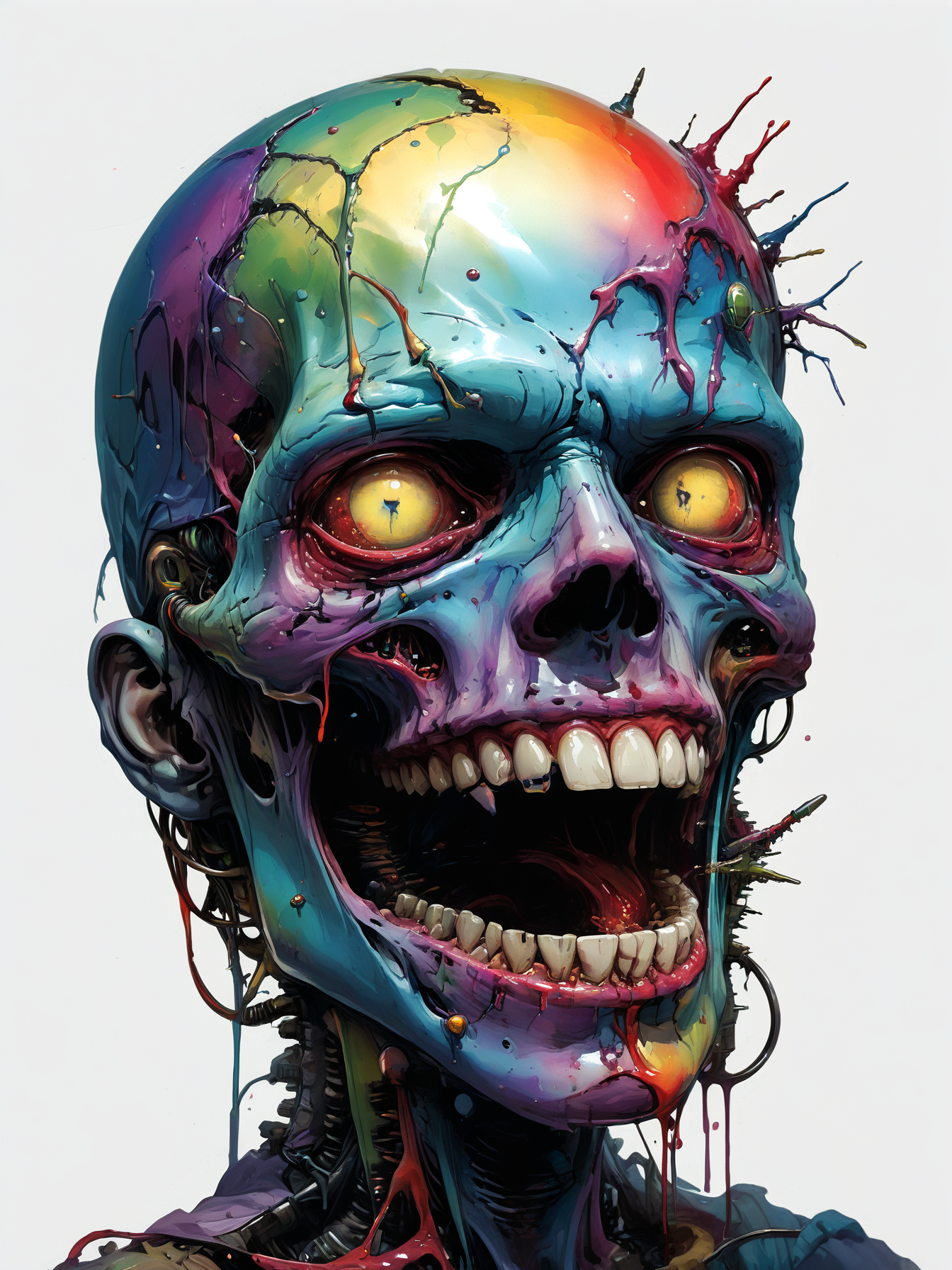 most detailed image of a very high quality masterpiece,complex composition, exquisite detailed features, photorealistic, absurdres, masterpiece fro another dimension, millions of colors,
<lora:saturated_colors:2> saturated colors,  melting rainbow, atomic bomb, translucent <lora:zavy-cntrst-sdxl:1> <lora:DieselPunkAIv2:1> <lora:Dark_Anime:0.5> <lora:HR_Giger_Style_Pony:0.5>, (logo, sticker, white background:1.3), vore, open mouth, teeth, zombie looking at iphone